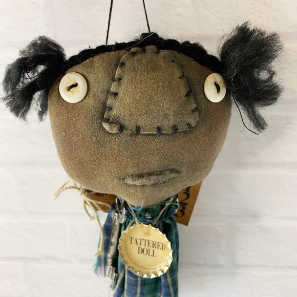 Primitive Folk Art Doll Black Cloth Tattered Distressed Whimsical Rag Hanging 8" - Picture 2 of 7